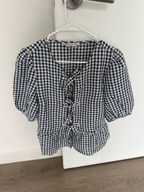 Stradivarius Navy & White Gingham Button-Front Top